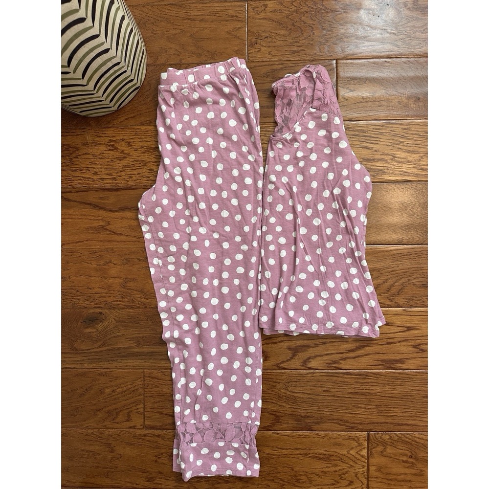 Garnet Hill Womens S Organic Cotton Pajama Set Pink Polka Dot Lace Sleepwear